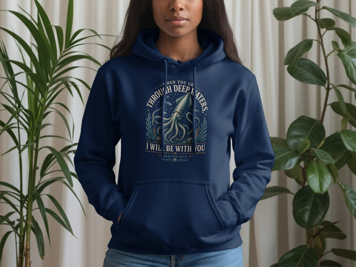 Navy hoodie with a squid design and text: "When You Go Through Deep Waters, I Will Be With You Isaiah 43:2".