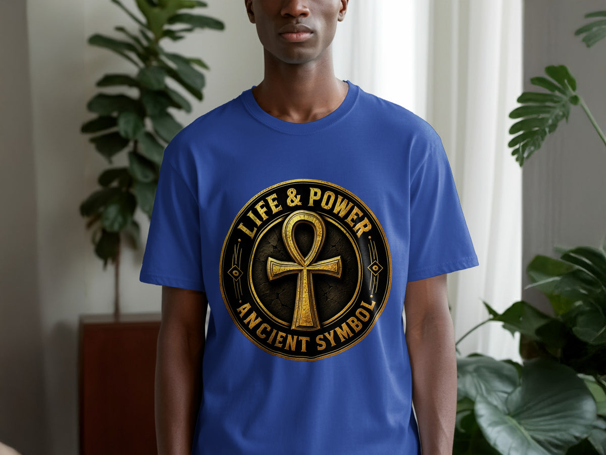 Royal blue t-shirt featuring a gold ankh symbol with "Life & Power Ancient Symbol" text.