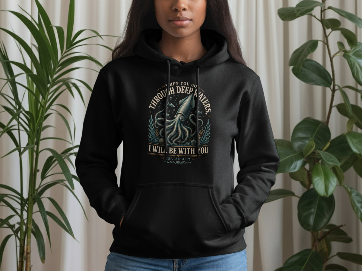 Black hoodie with text "When you go through deep waters, I will be with you Isaiah 43:2".