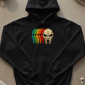 Black hoodie with a retro graphic of a masked face in rainbow colors.