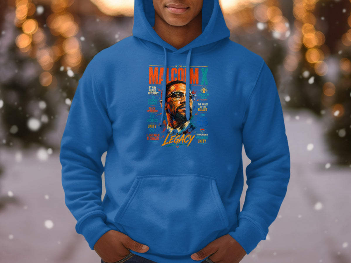 Blue hoodie with Malcolm X portrait and text "Legacy", "Freedom Now", and "The Ballot or the Bullet".