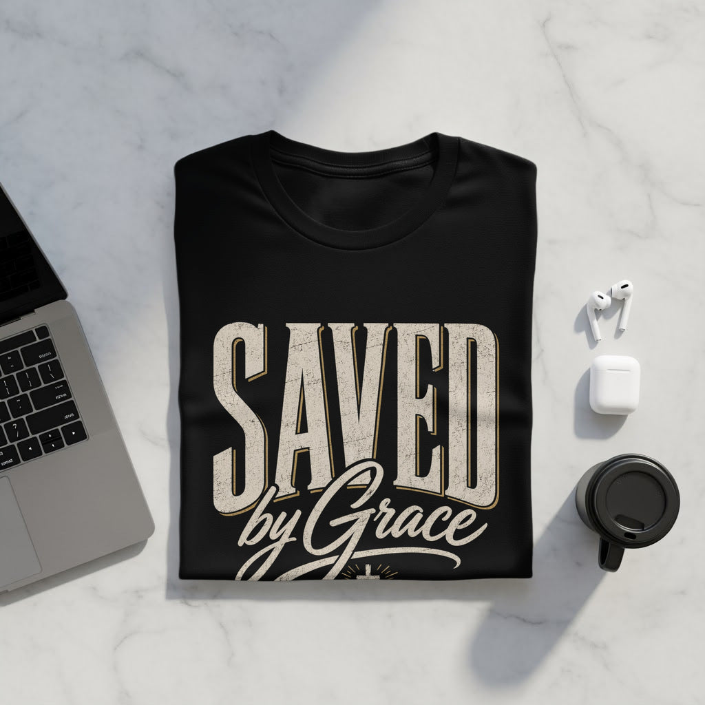 Black t-shirt with distressed text "SAVED by Grace" and a cross.