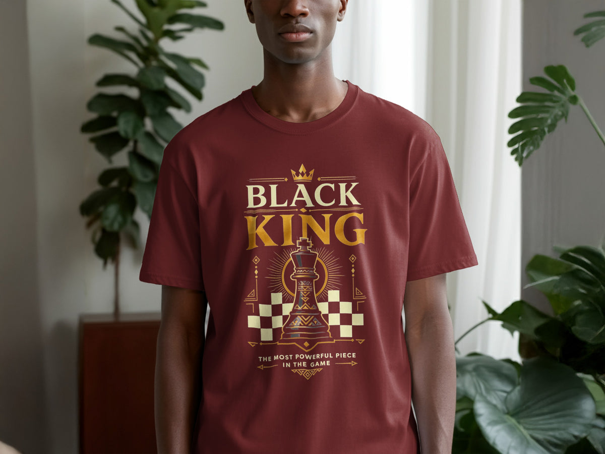 Maroon t-shirt with "BLACK KING" text, crown, and chess piece design.
