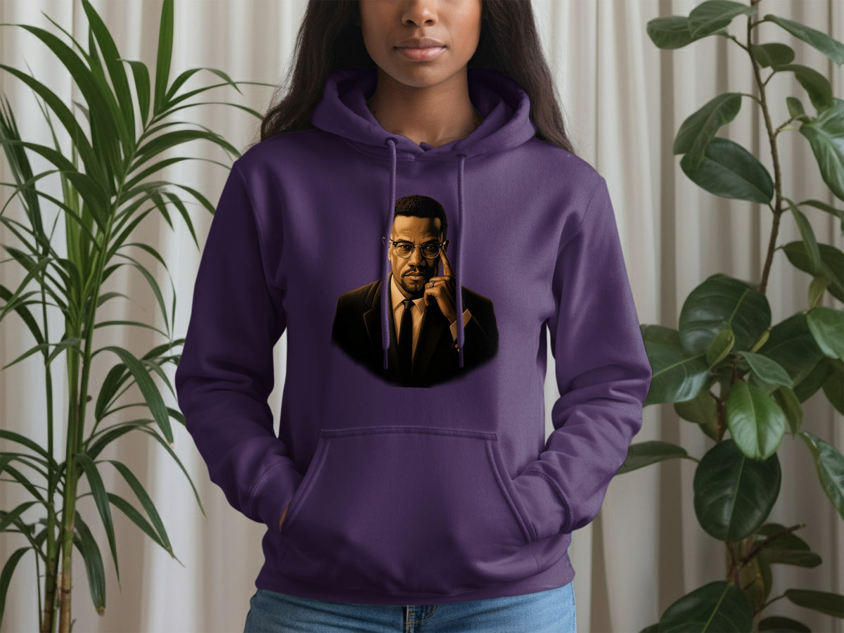 Purple hoodie with graphic print of a man in a suit and tie.