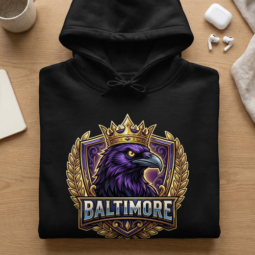 Black hoodie with a purple raven wearing a gold crown and "BALTIMORE" text.