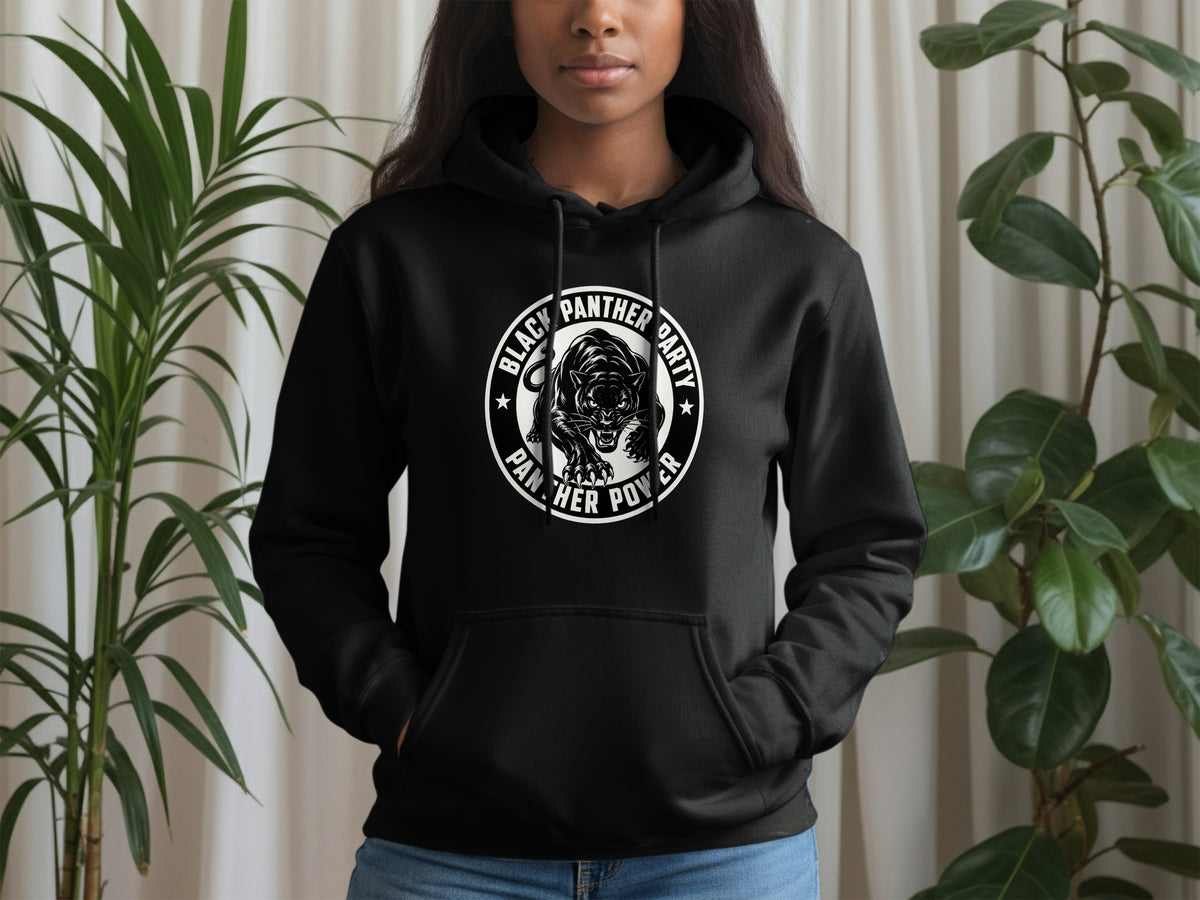 Black hoodie with a Black Panther Party logo featuring a panther and text.