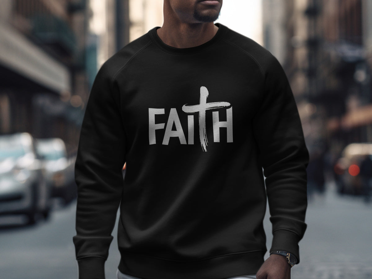 Black sweatshirt with silver distressed "FAITH" cross graphic on the front.