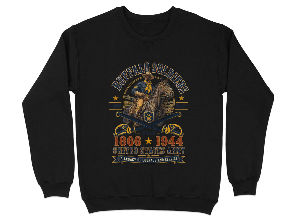 Buffalo Soldiers United States Army 1866-1944 graphic on black sweatshirt.