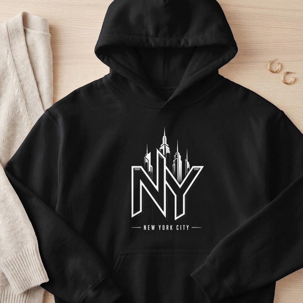 Black hoodie with white "NY" skyline graphic and "New York City" text.