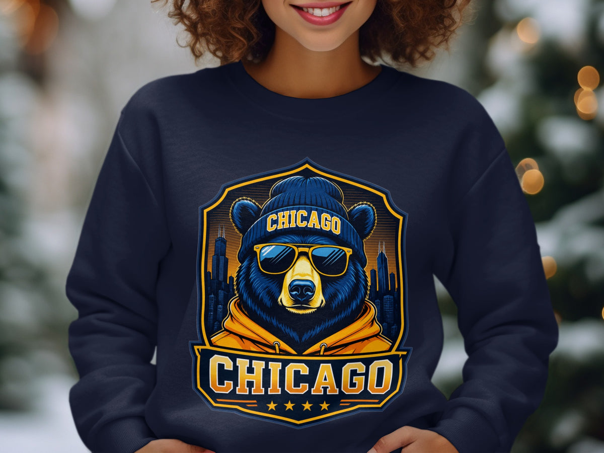 Navy sweatshirt with a Chicago bear graphic wearing a beanie and sunglasses.