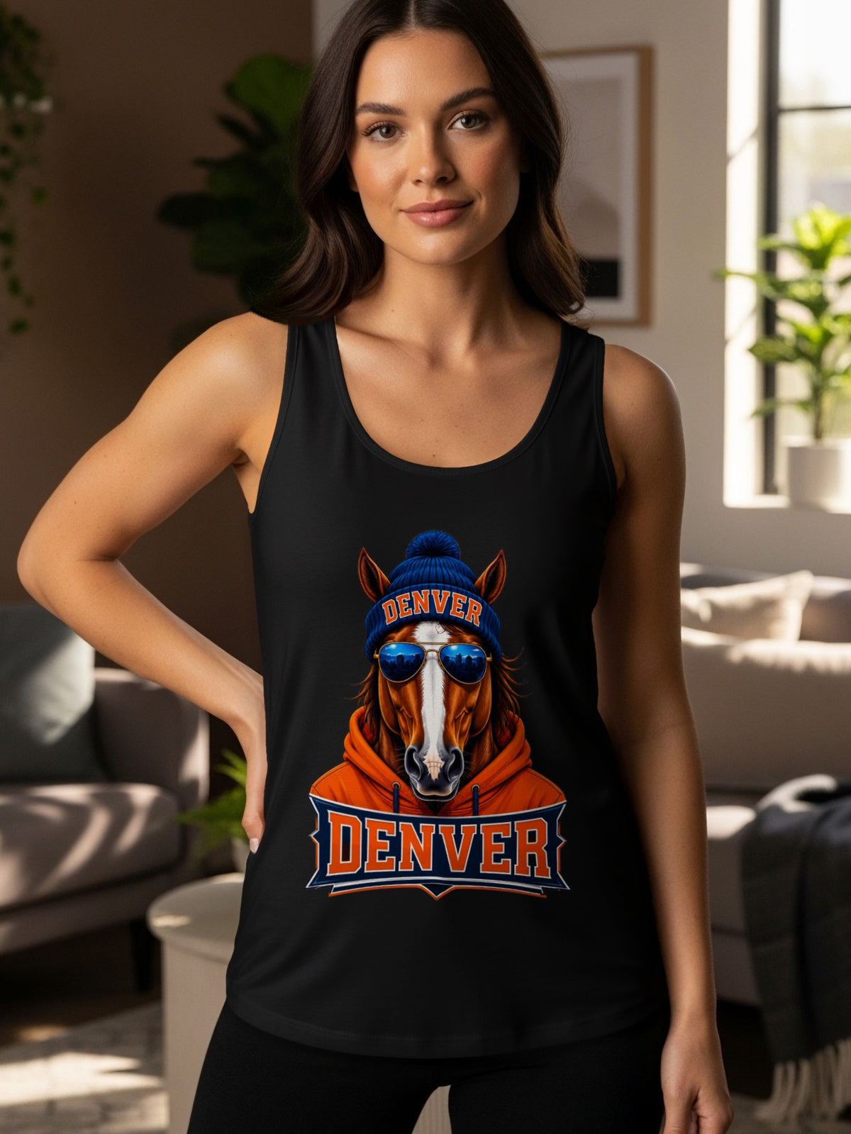 Black tank top with graphic of horse wearing beanie, sunglasses, and hoodie with "Denver" text.