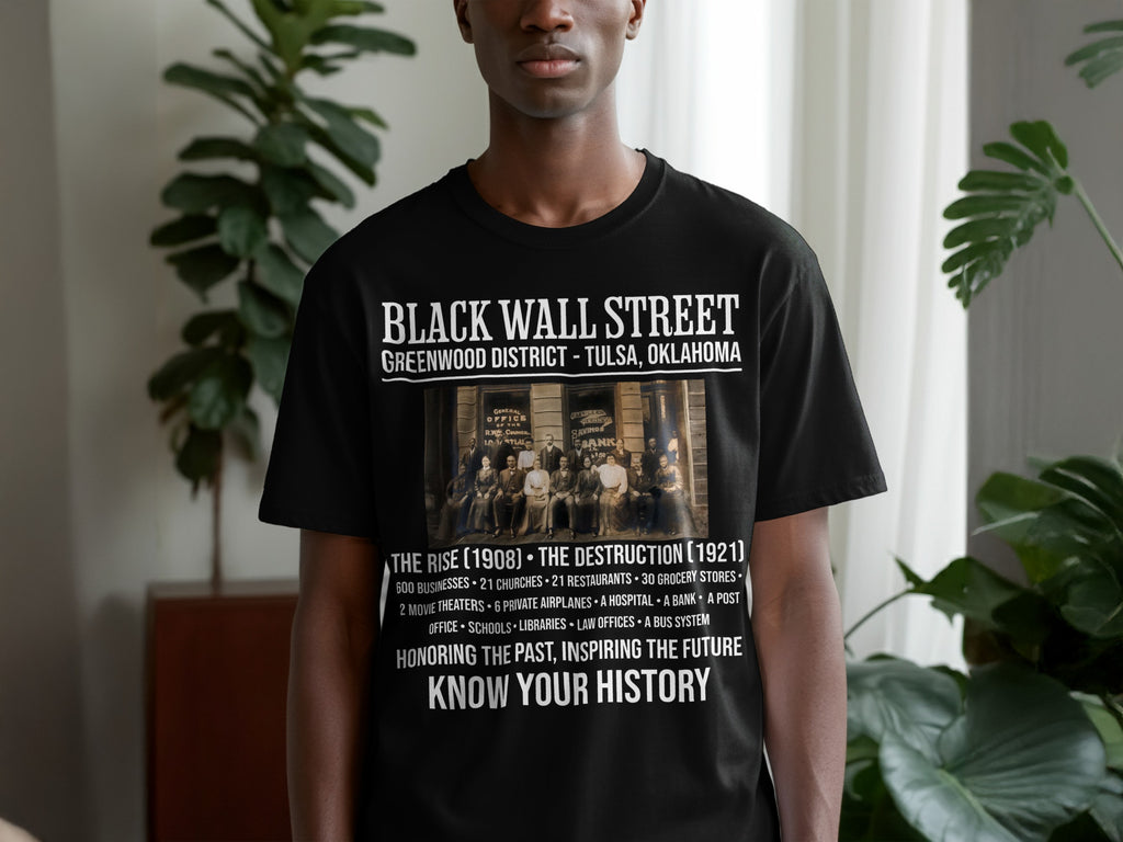 Black Wall Street Greenwood District, Tulsa, Oklahoma tee with historical image and text.