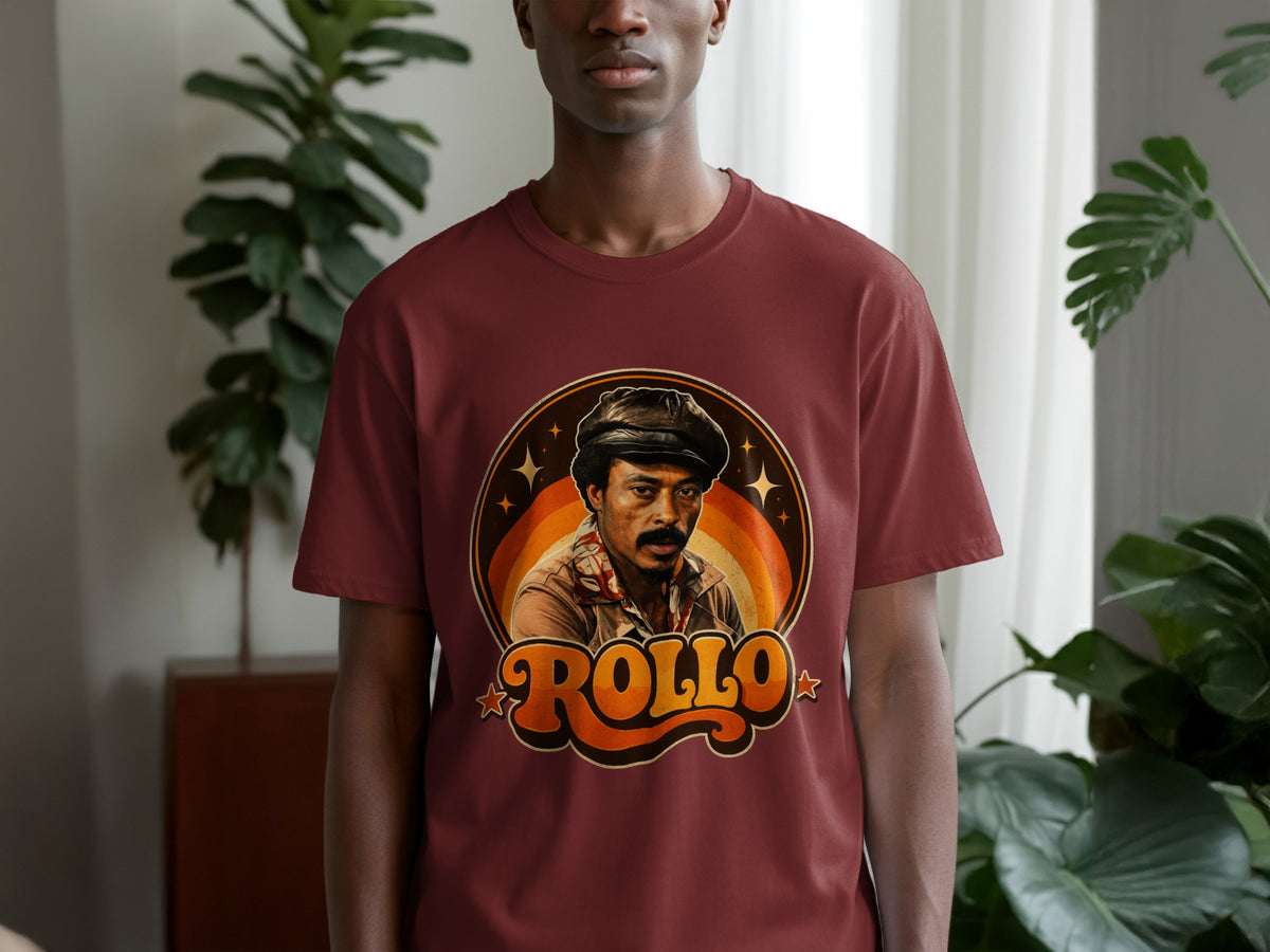Maroon t-shirt with a circular graphic featuring "ROLLO" and a retro portrait.