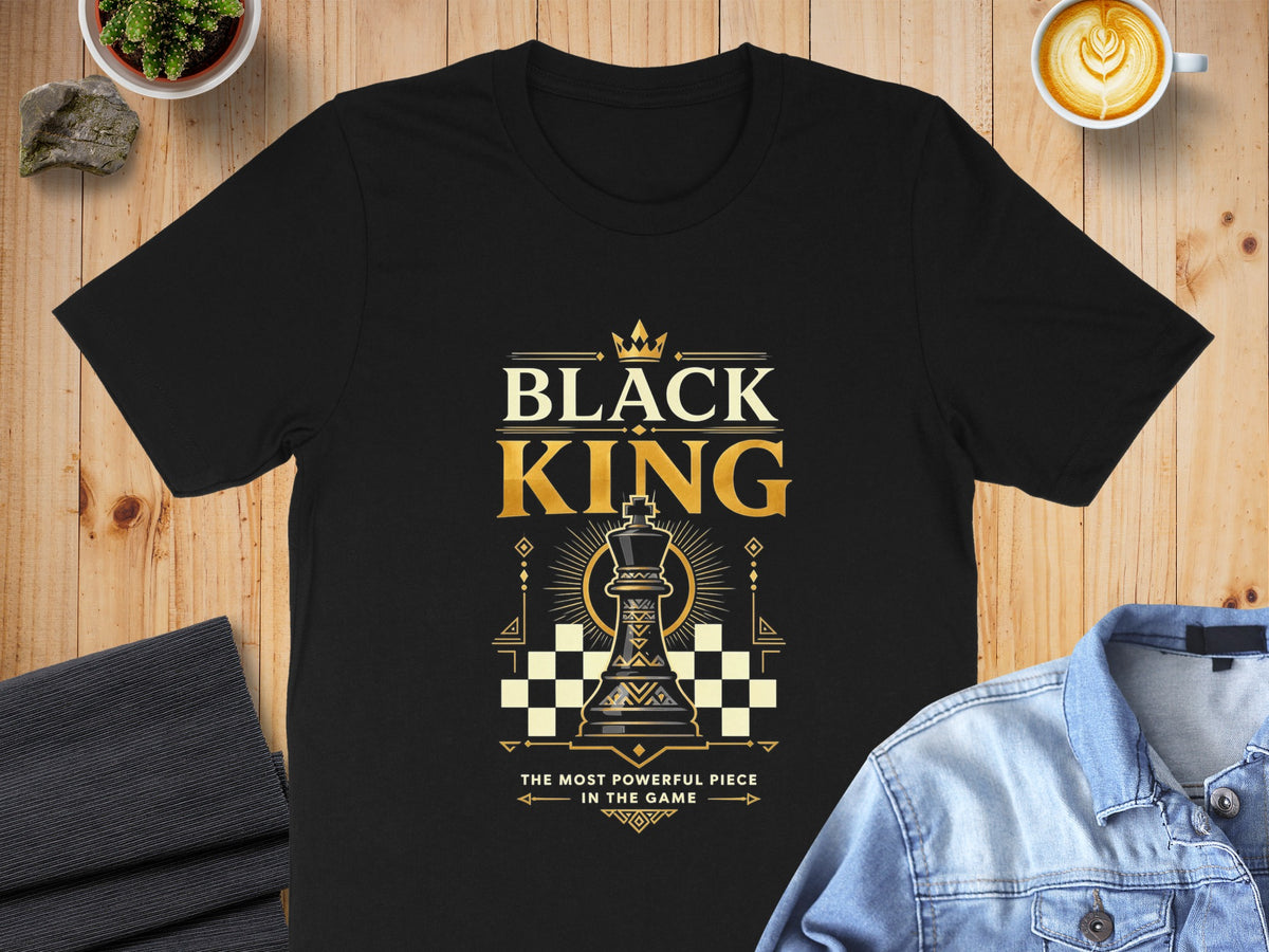 Black t-shirt with gold text "BLACK KING" and a chess king graphic.