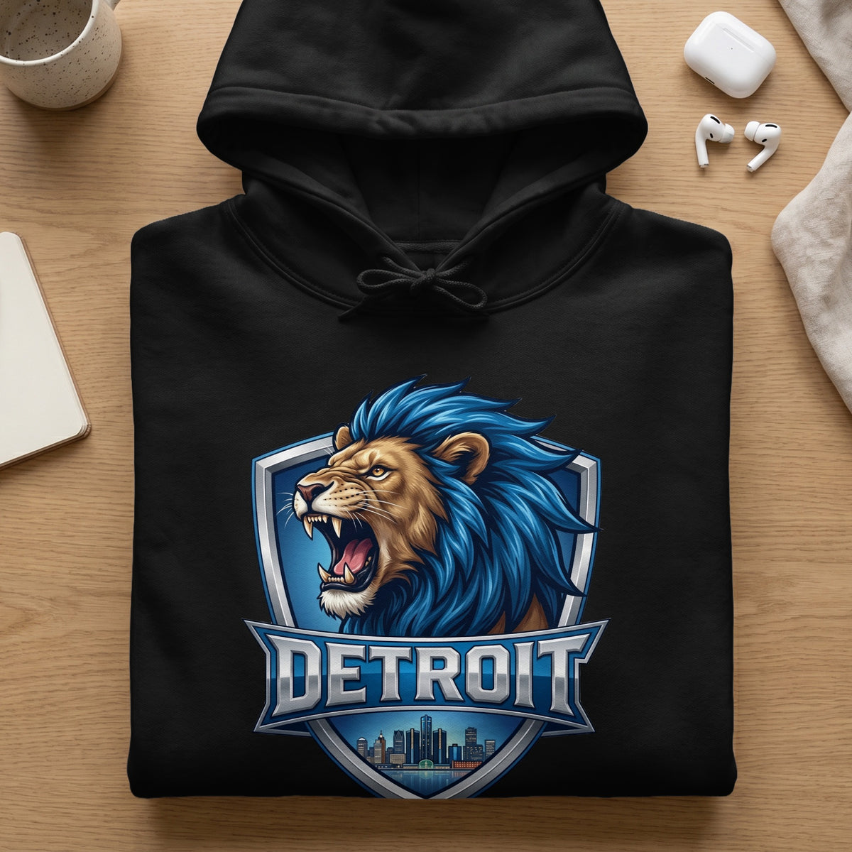 Black hoodie with roaring lion and Detroit skyline emblem.