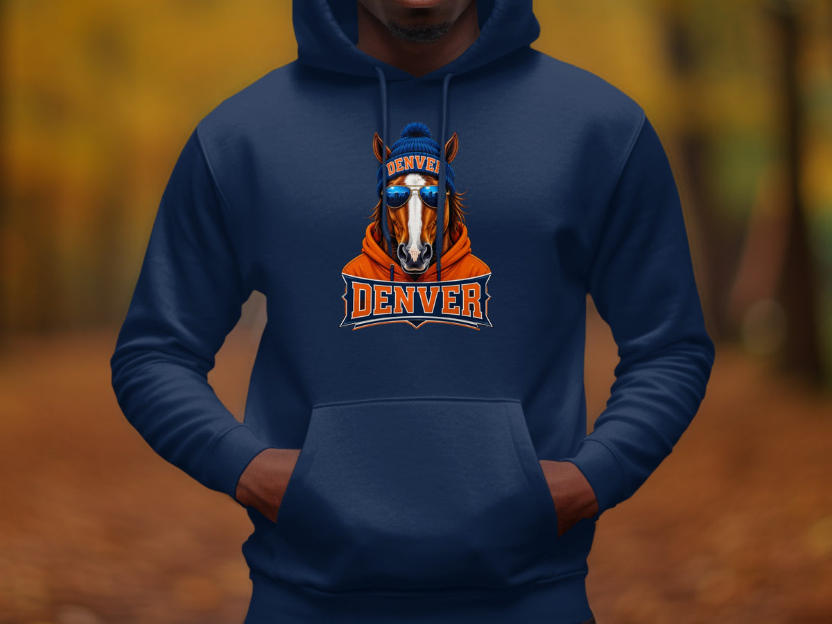 Navy blue hoodie with a graphic of a horse wearing a beanie and sunglasses.