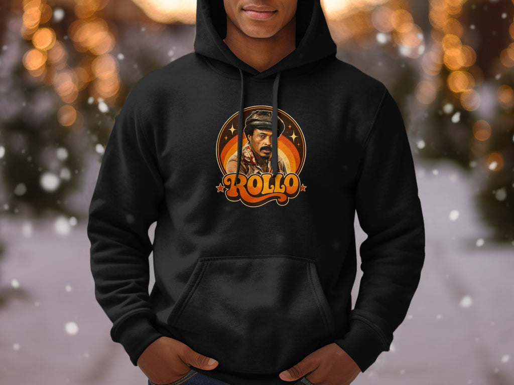 Black hoodie with a retro graphic featuring the text "ROLLO" and a man's portrait.