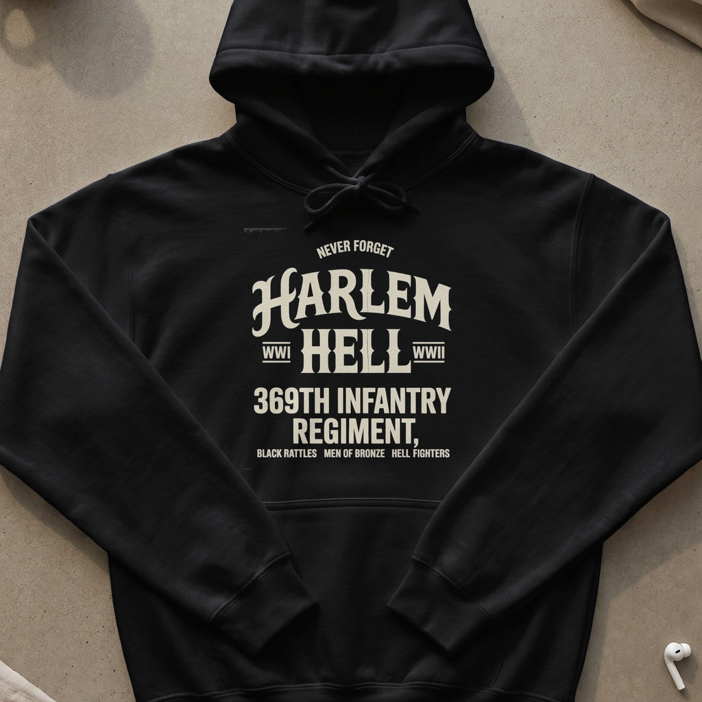 Black hoodie with text "Harlem Hellfighters 369th Infantry Regiment".