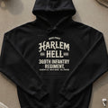 Black hoodie with text "Harlem Hellfighters 369th Infantry Regiment".