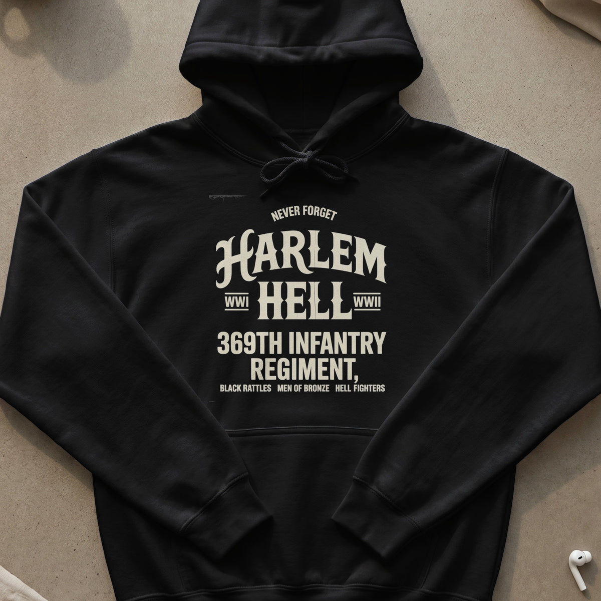 Black hoodie with text "Harlem Hellfighters 369th Infantry Regiment".