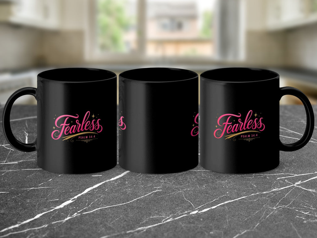 Three black mugs on a marbled surface, one with "Fearless Psalm 34:4" text.