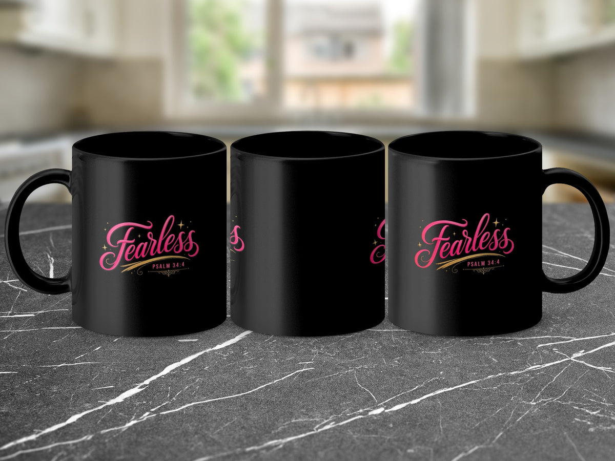 Three black mugs on a marbled surface, one with "Fearless Psalm 34:4" text.