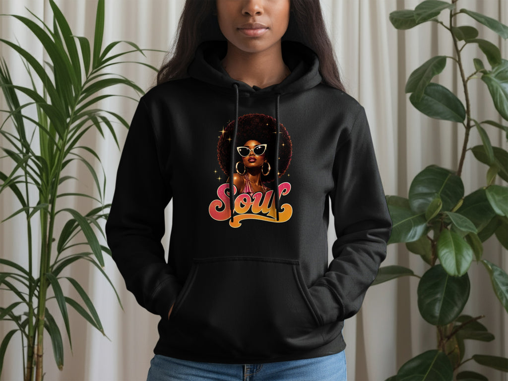 Black hoodie with "Soul" text and retro graphic of a woman with an afro.