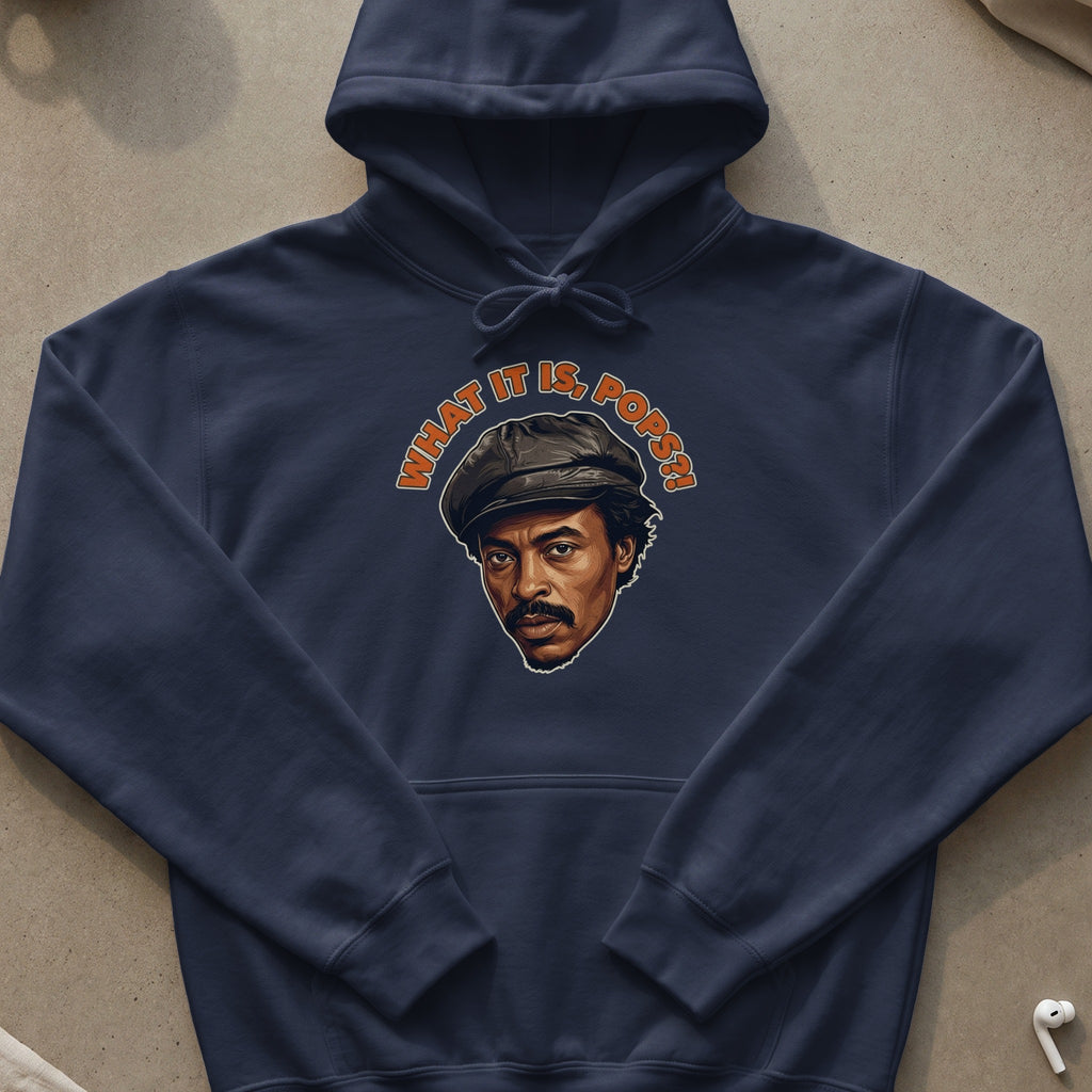 Navy hoodie with a graphic of a man's head and text "WHAT IT IS, POPS?"