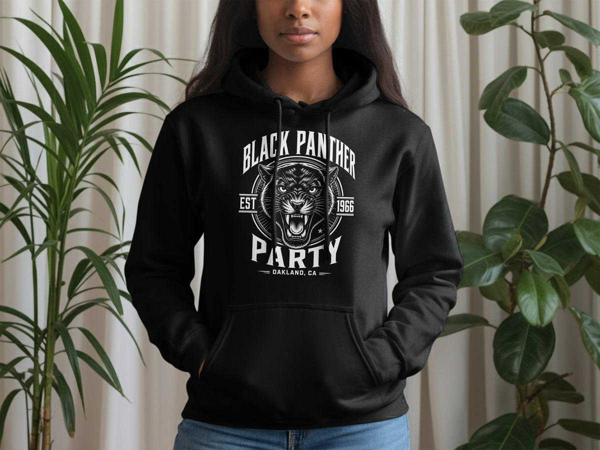 Black hoodie with Black Panther Party Est 1966 Oakland, CA graphic.