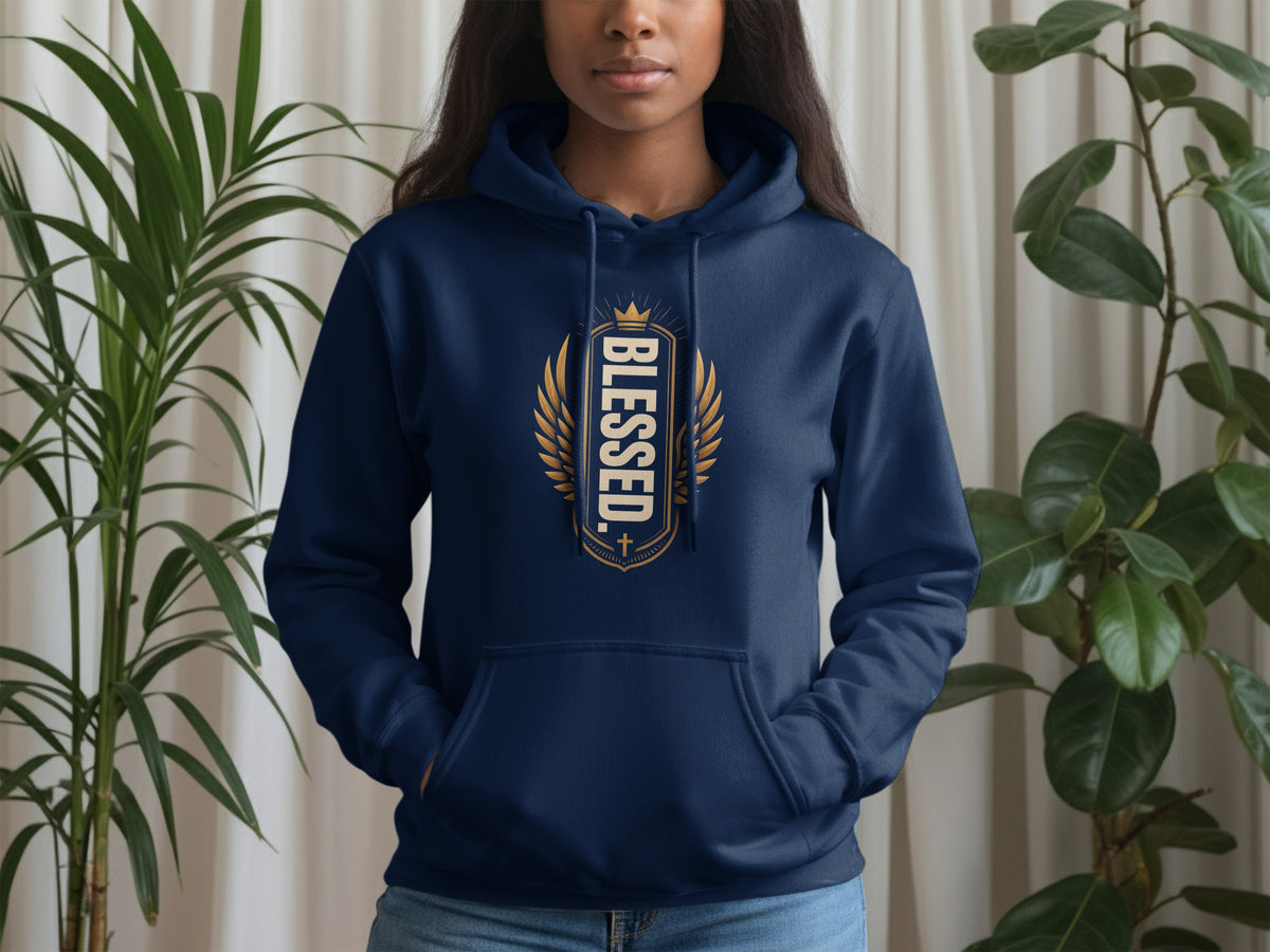 Dark blue hoodie with "BLESSED" text and gold wings graphic on the chest.