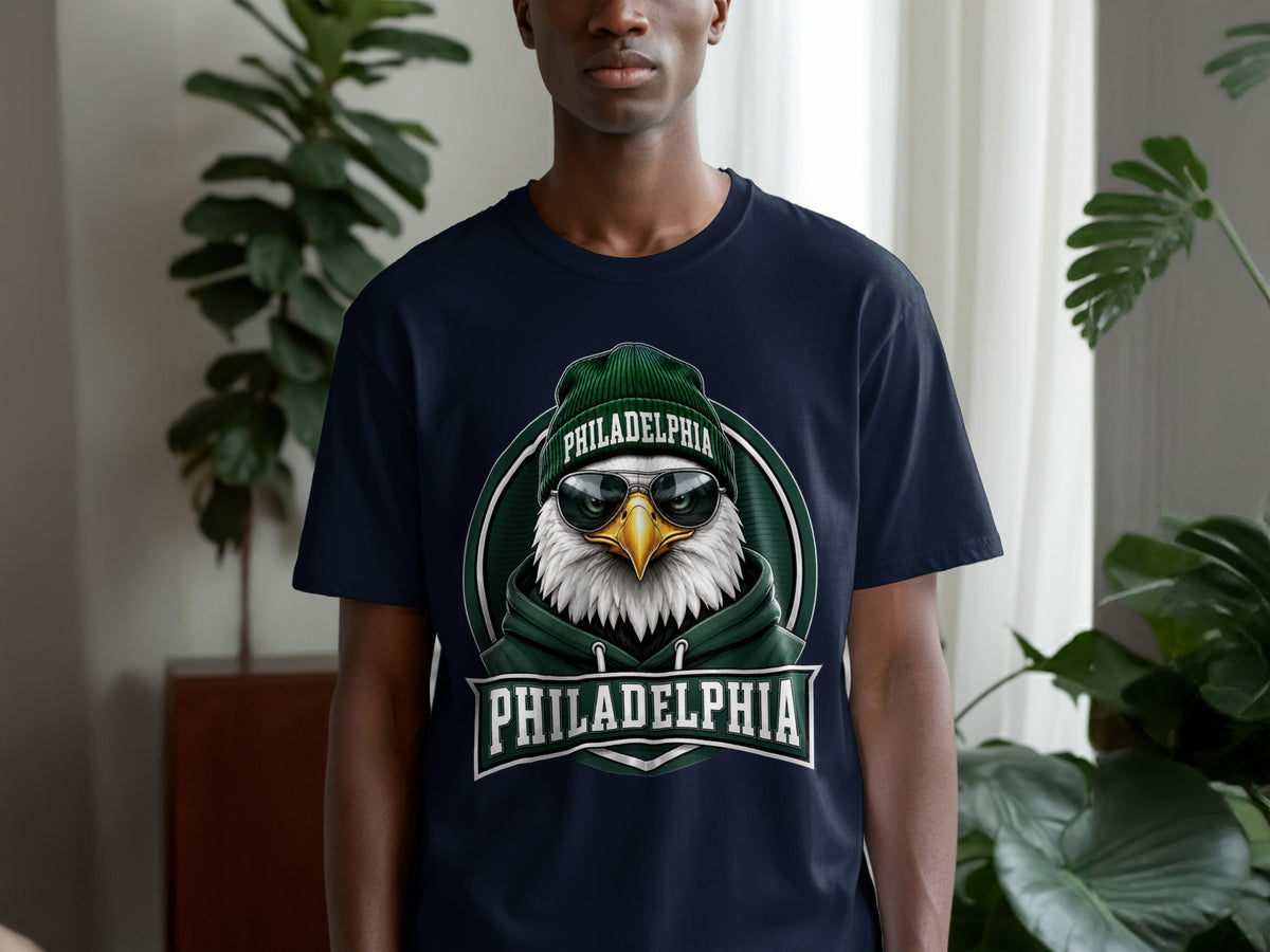 Navy t-shirt featuring a graphic of an eagle wearing a beanie and sunglasses with "PHILADELPHIA" text.