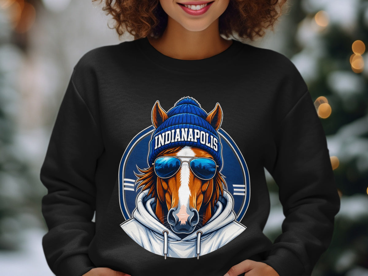 Horse wearing a beanie and sunglasses with "Indianapolis" text on black sweatshirt.
