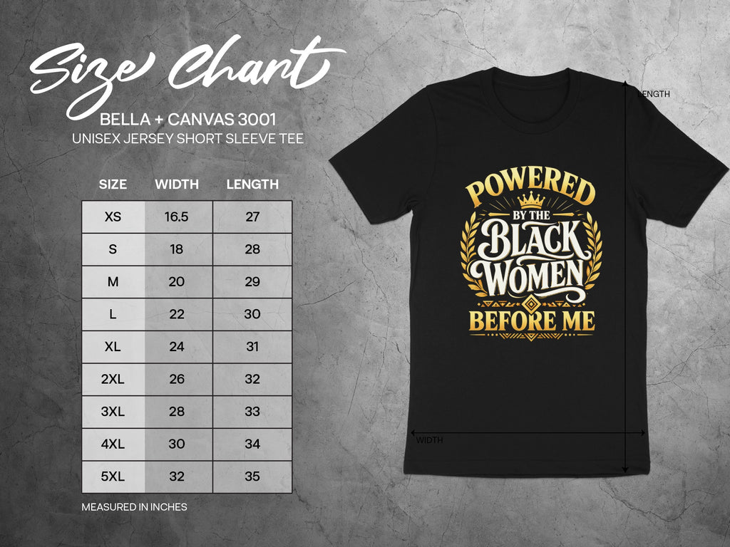 BELLA + CANVAS 3001 size chart with width and length measurements for unisex t-shirts.