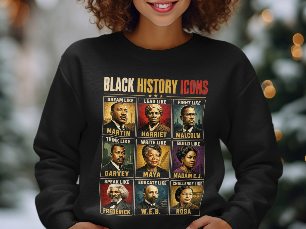 Black History Icons collage featuring Martin, Harriet, Malcolm, Garvey, Maya, Madam C.J., Frederick, W.E.B., and Rosa.