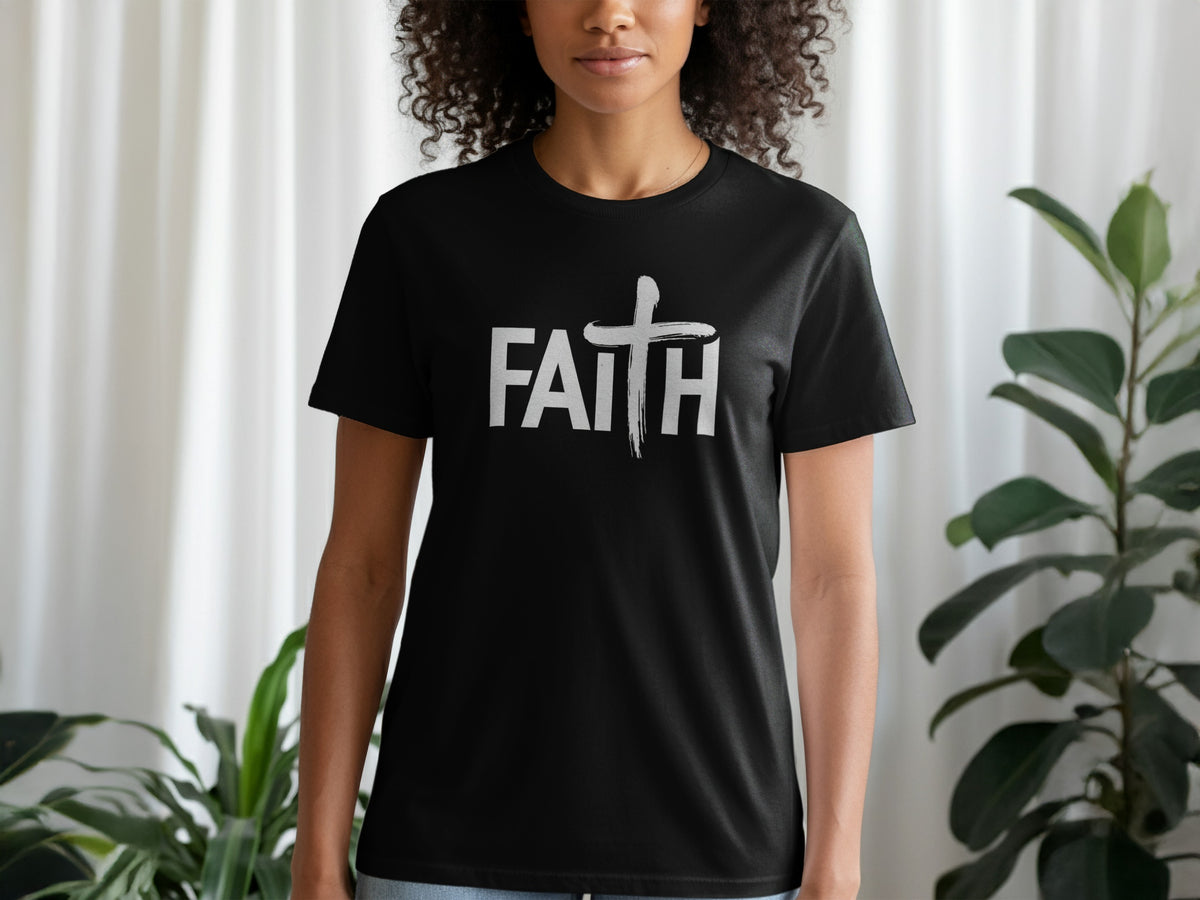Black t-shirt with white "FAITH" text and a brushstroke cross.