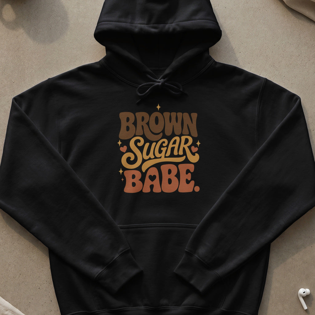 Black hoodie with "Brown Sugar Babe" text and heart graphics.