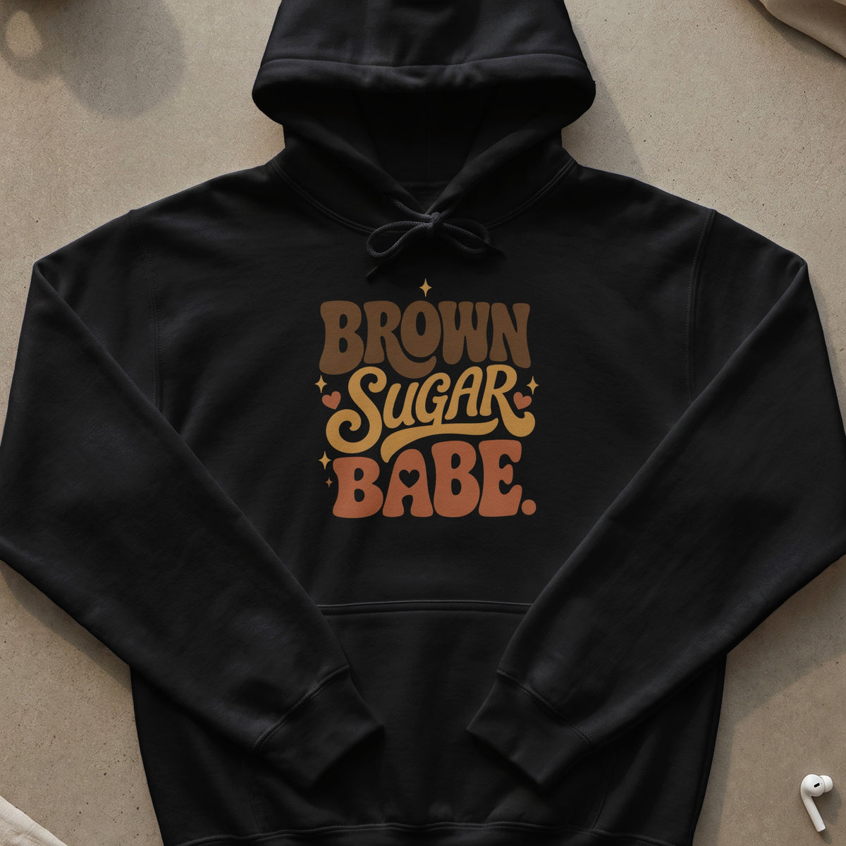 Black hoodie with "Brown Sugar Babe" text and heart graphics.