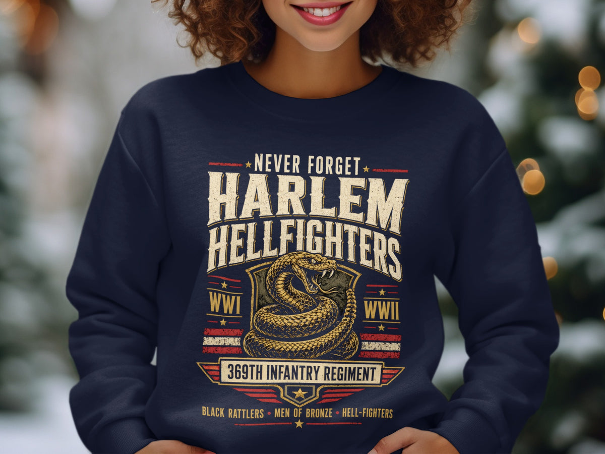 Dark blue sweatshirt with Harlem Hellfighters WWII 369th Infantry Regiment design.