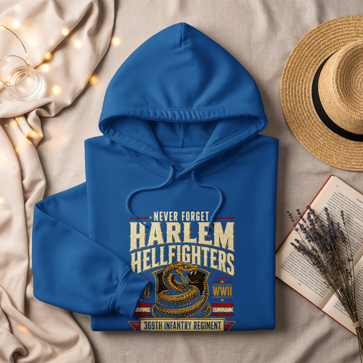 Blue hoodie with "Harlem Hellfighters" text and coiled snake design.