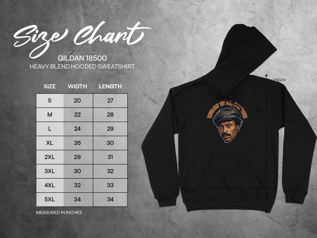 Gildan 18500 Heavy Blend hooded sweatshirt size chart with width and length measurements in inches.