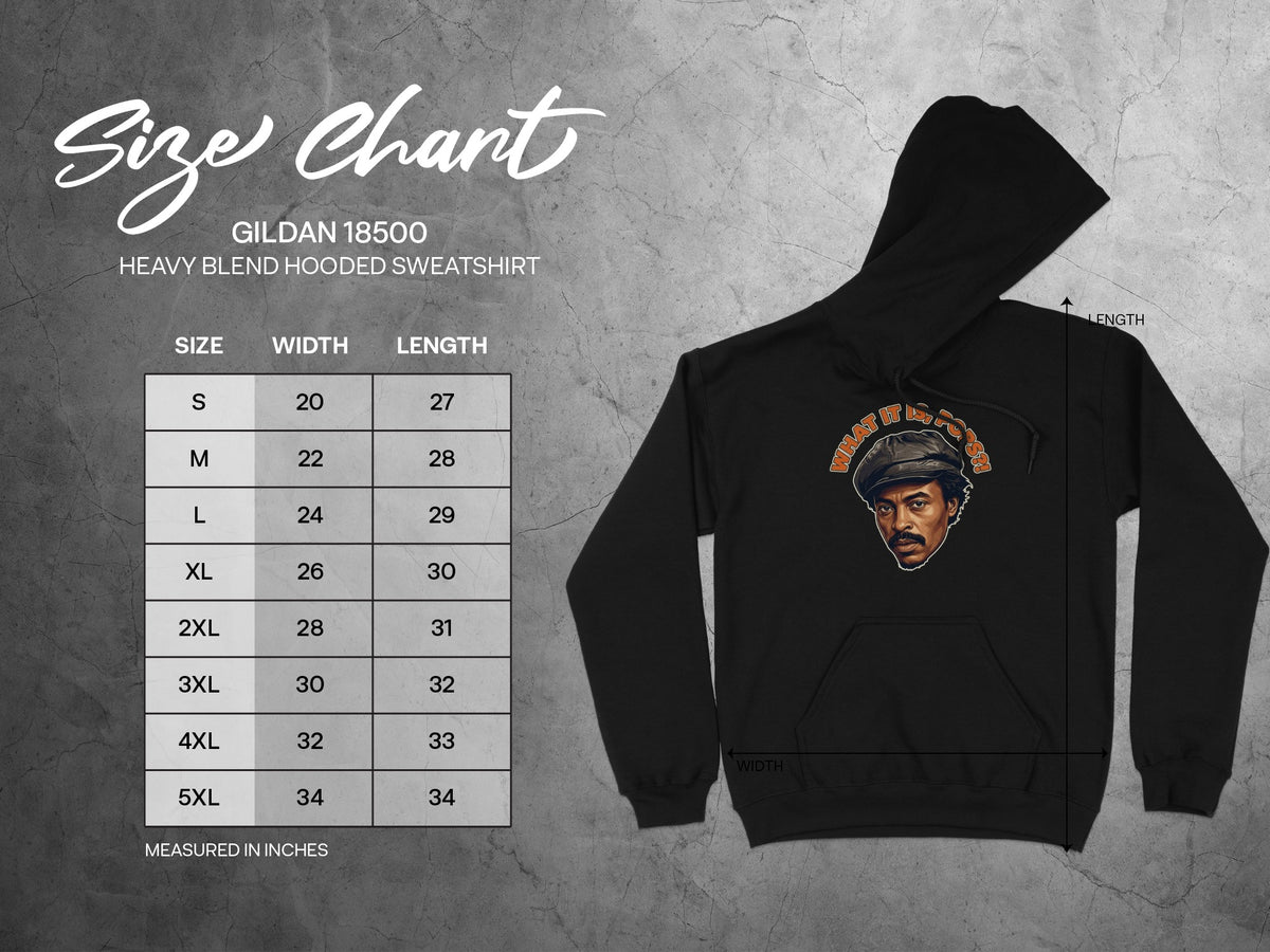 Gildan 18500 Heavy Blend hooded sweatshirt size chart with width and length measurements in inches.