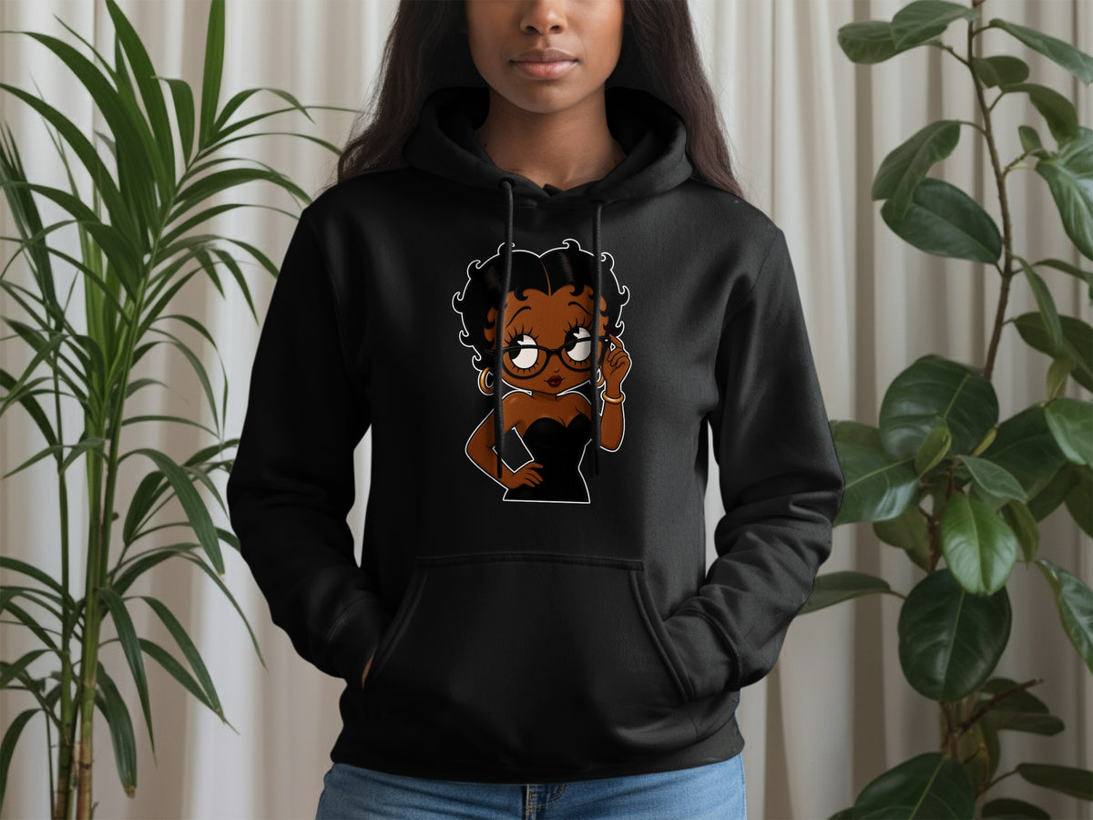 Black hoodie with a cartoon illustration of Betty Boop on the front.