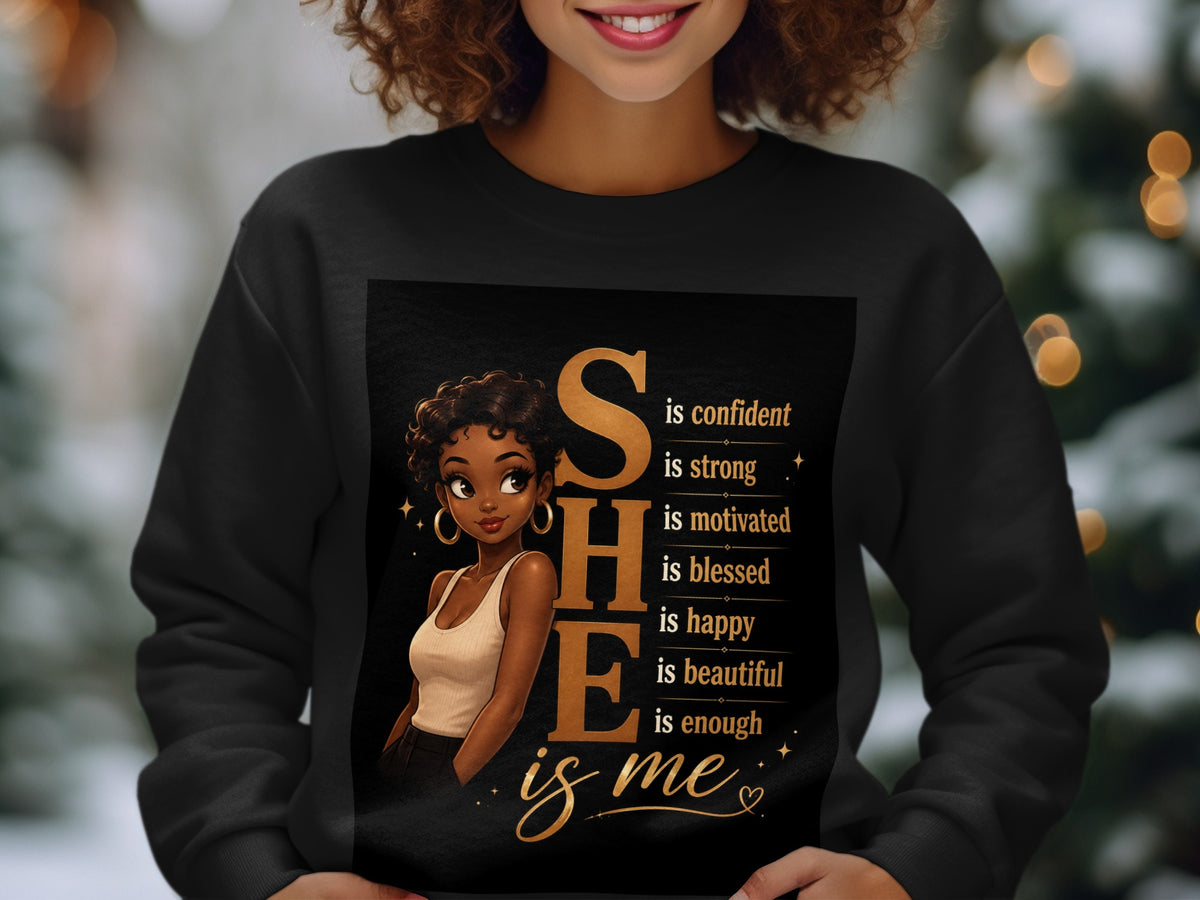 Black sweatshirt with "SHE is confident, strong, motivated, blessed, happy, beautiful, enough, is me" text.
