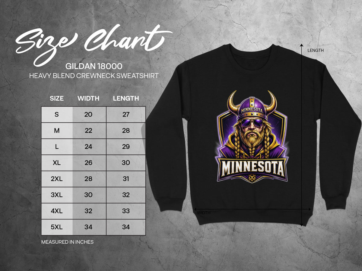 Gildan 18000 sweatshirt size chart with Viking graphic.