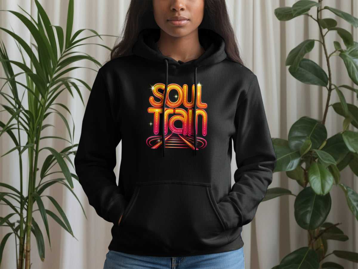 Black hoodie with colorful "Soul Train" text and train tracks graphic.