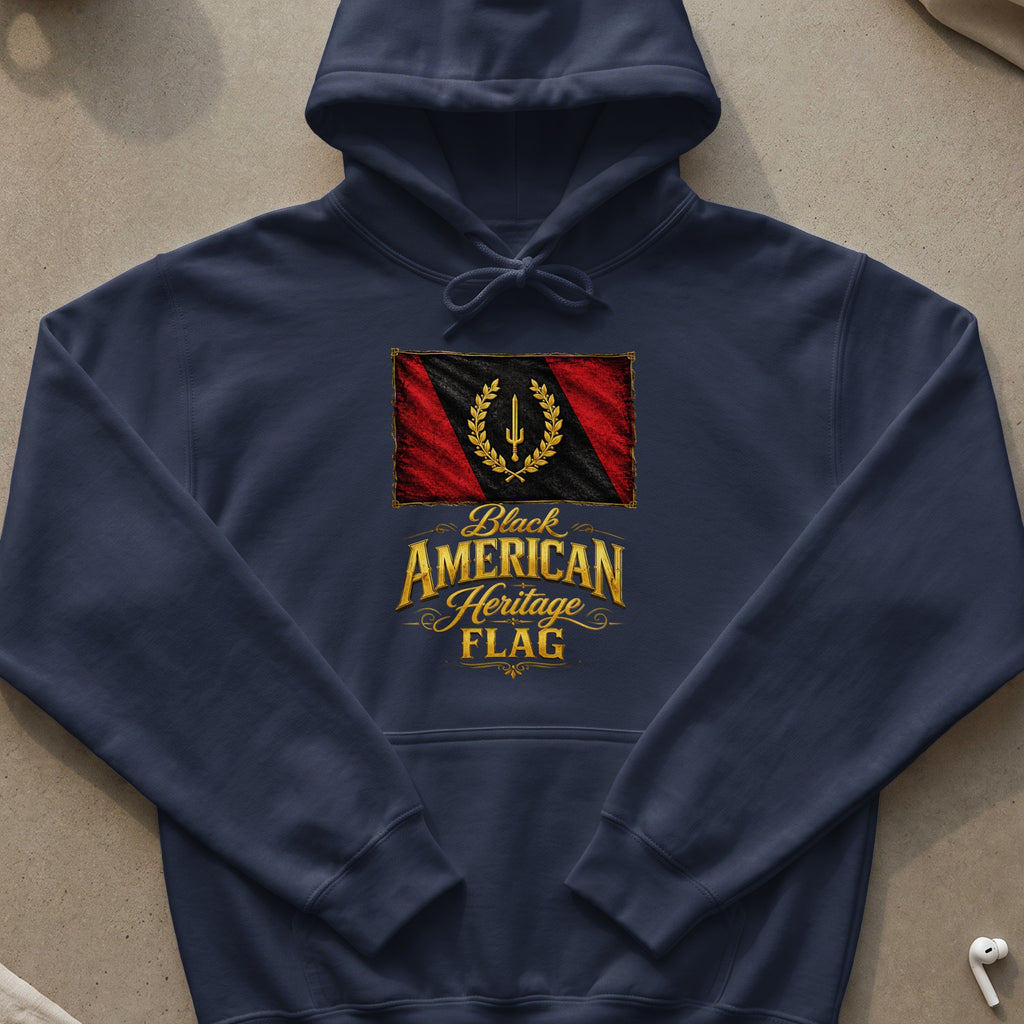 Navy hoodie with Black American Heritage Flag emblem and text.