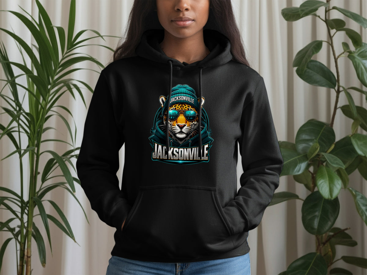 Black hoodie with a jaguar wearing sunglasses and a beanie, text "JACKSONVILLE".