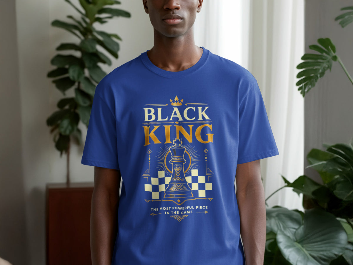 Blue t-shirt with "BLACK KING" and chess king graphic.