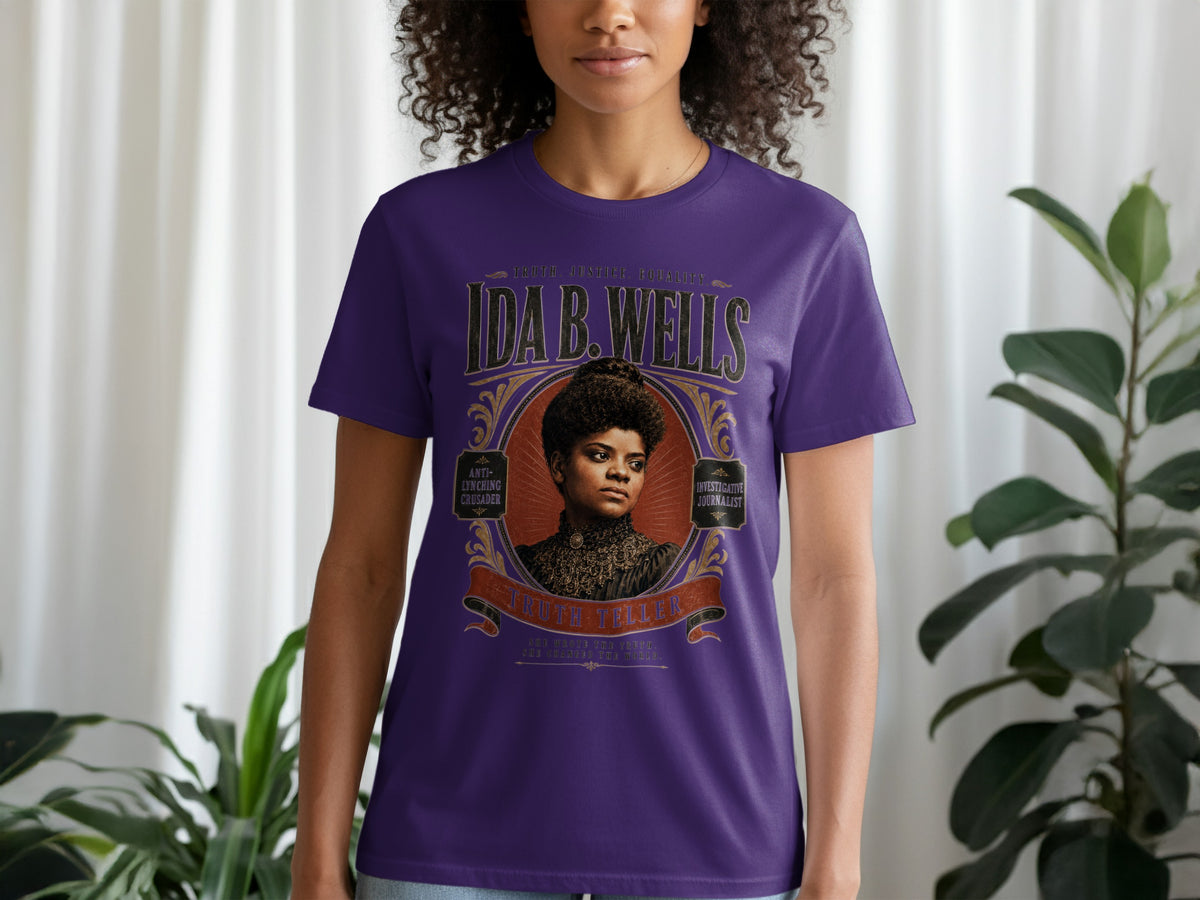 Purple t-shirt with portrait of Ida B. Wells, "Truth, Justice, Equality," and "Investigative Journalist."