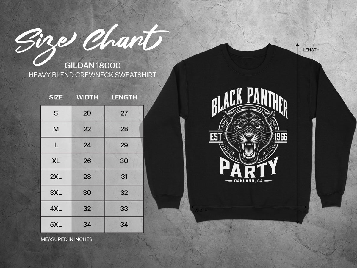 Size chart for Gildan 18000 heavy blend crewneck sweatshirt with black panther design.